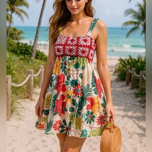 Farm Rio Crochet Floral Printed Mini Dress in Multicolor